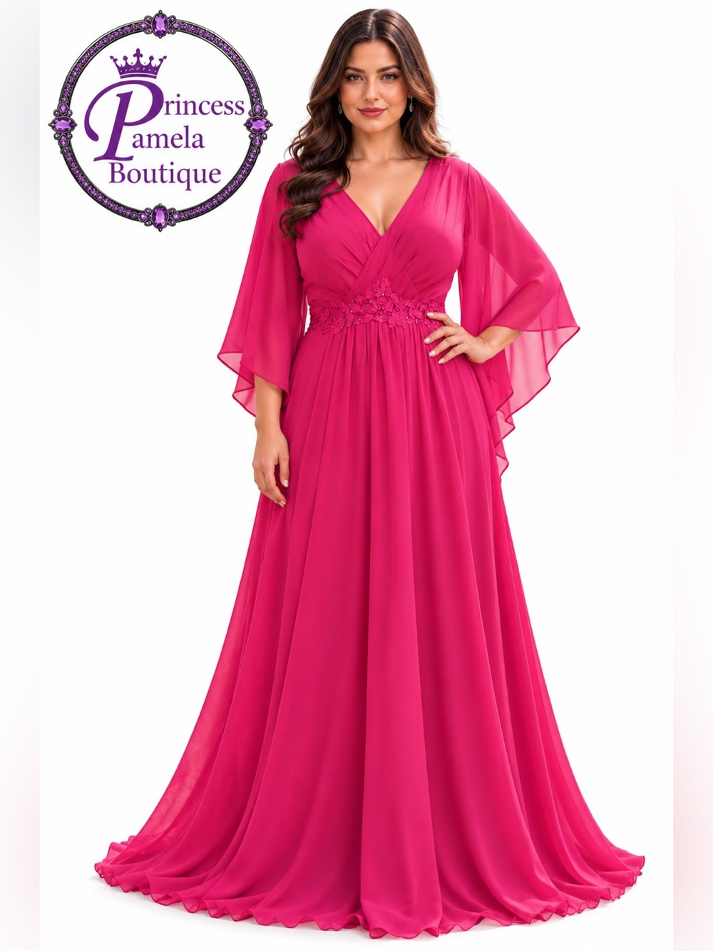 #10 Raspberry V-neck chiffon fluttered sleeves evening dress-1X/Size 16